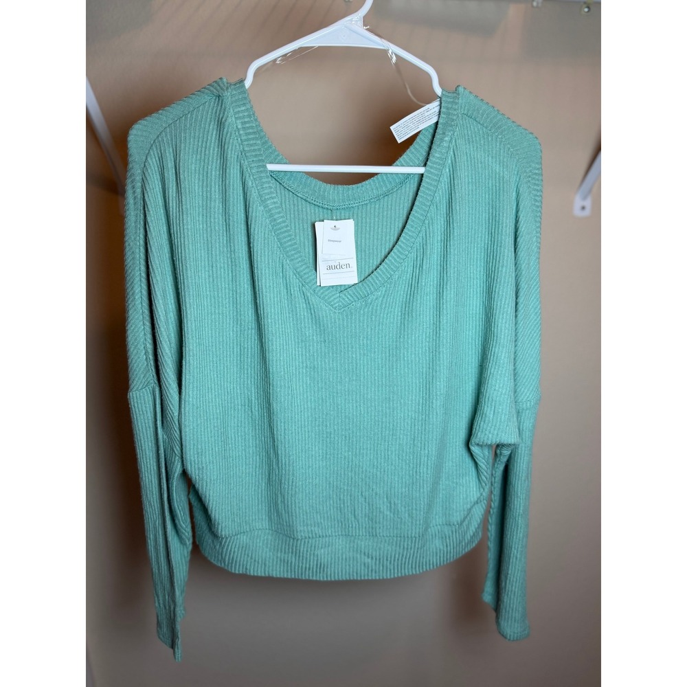 Auden Sleepwear Women Sage Green Ribbed Long Sleeve V-Neck Pajama Top Small NWT